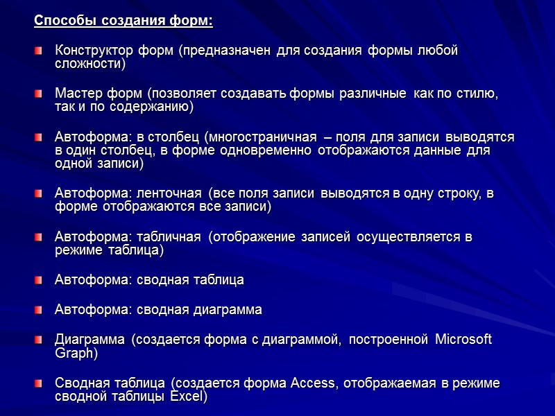 Способы создания форм:  Конструктор форм (предназначен для создания формы любой сложности)  Мастер